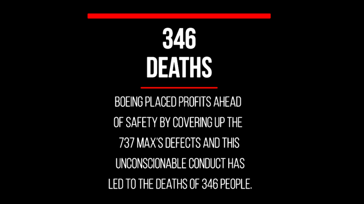 346 Deaths | Boeing placed profits ahead of safety by covering up the 737 MAX's Defects and this unconscionable conduct has led to the deaths of 346 people.